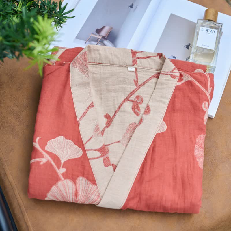 Large Ginkgo Leaf Cotton Kimono Robe - image 8