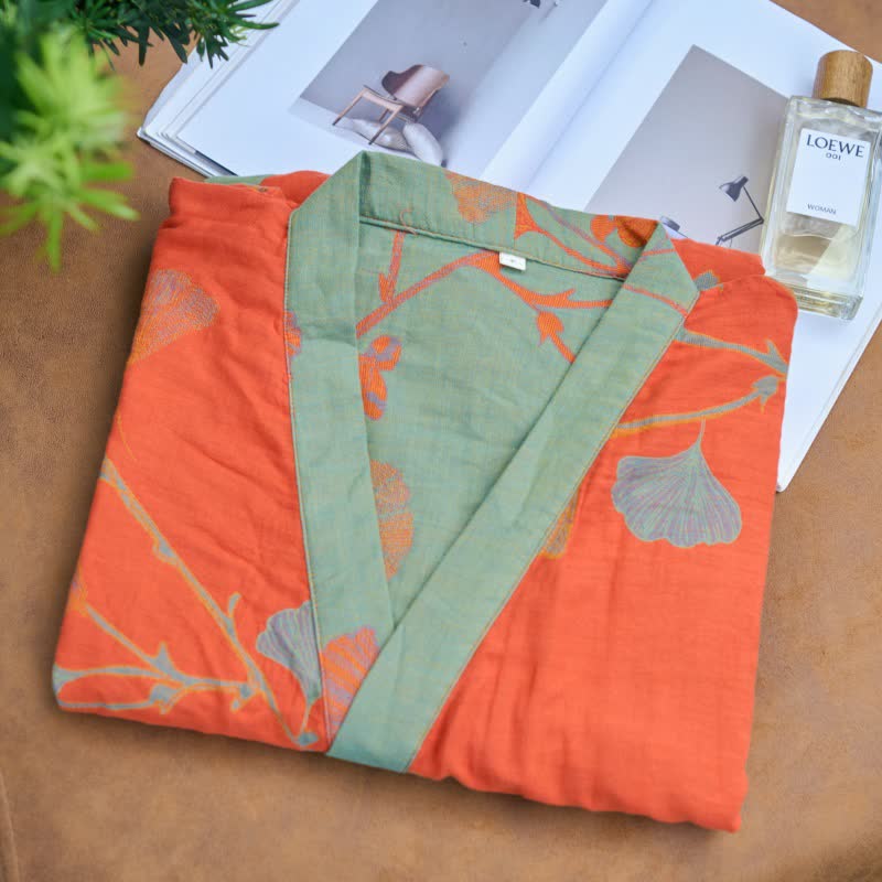 Large Ginkgo Leaf Cotton Kimono Robe - image 4