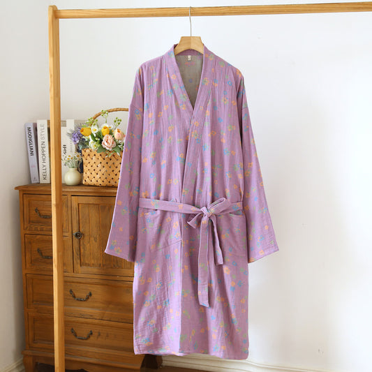 Tranquil Floral Japanese Cotton Kimono Robe - Light Purple & Green - L - image 2