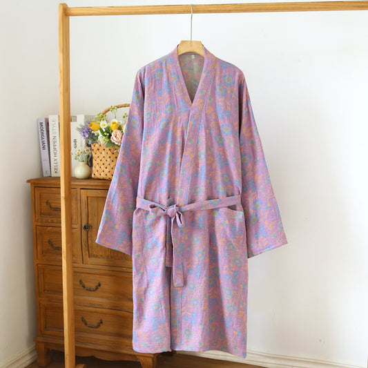 Daffodil Cotton Japanese Kimono Robe - Light Purple & Green - L - image 1