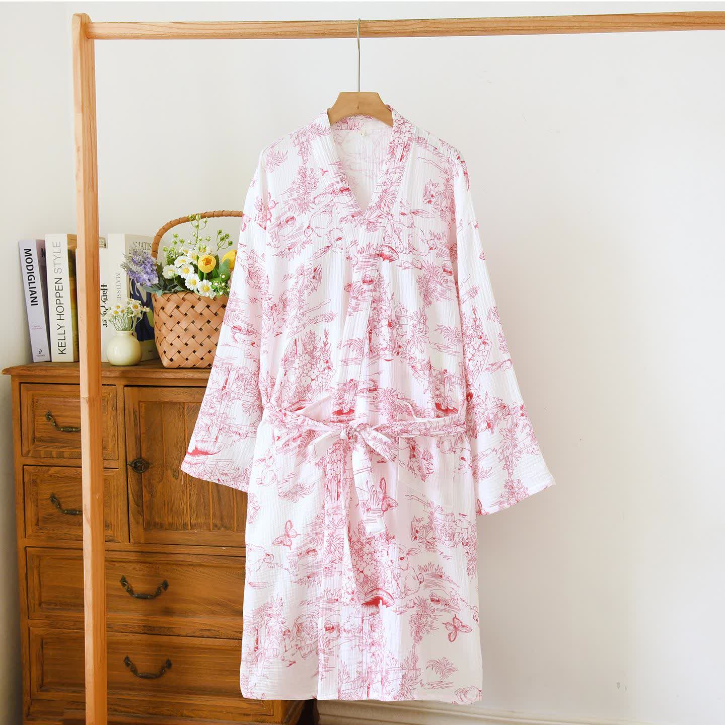 Toile Print Rabbit Cotton Kimono Robe - Red - L - image 3
