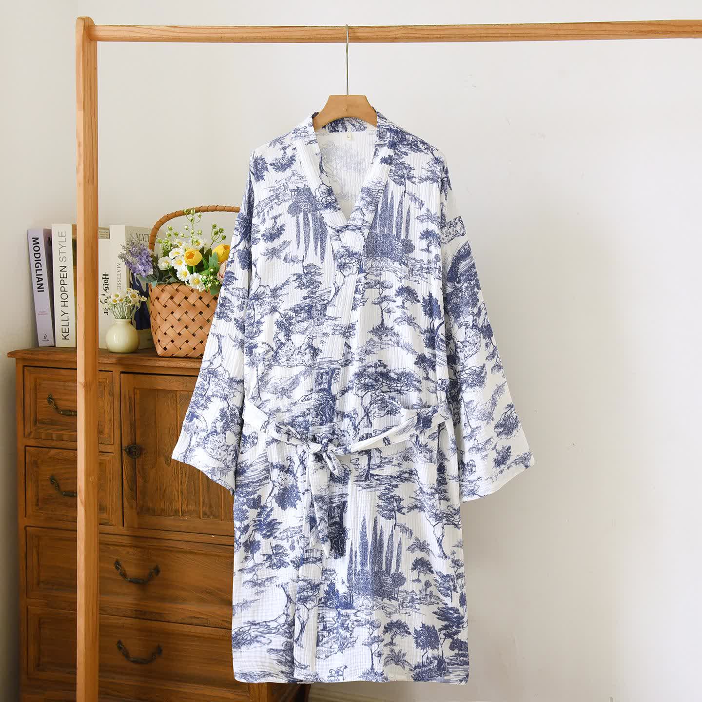 Toile Print Forest Cotton Kimono Robe - Navy Blue - L - image 11
