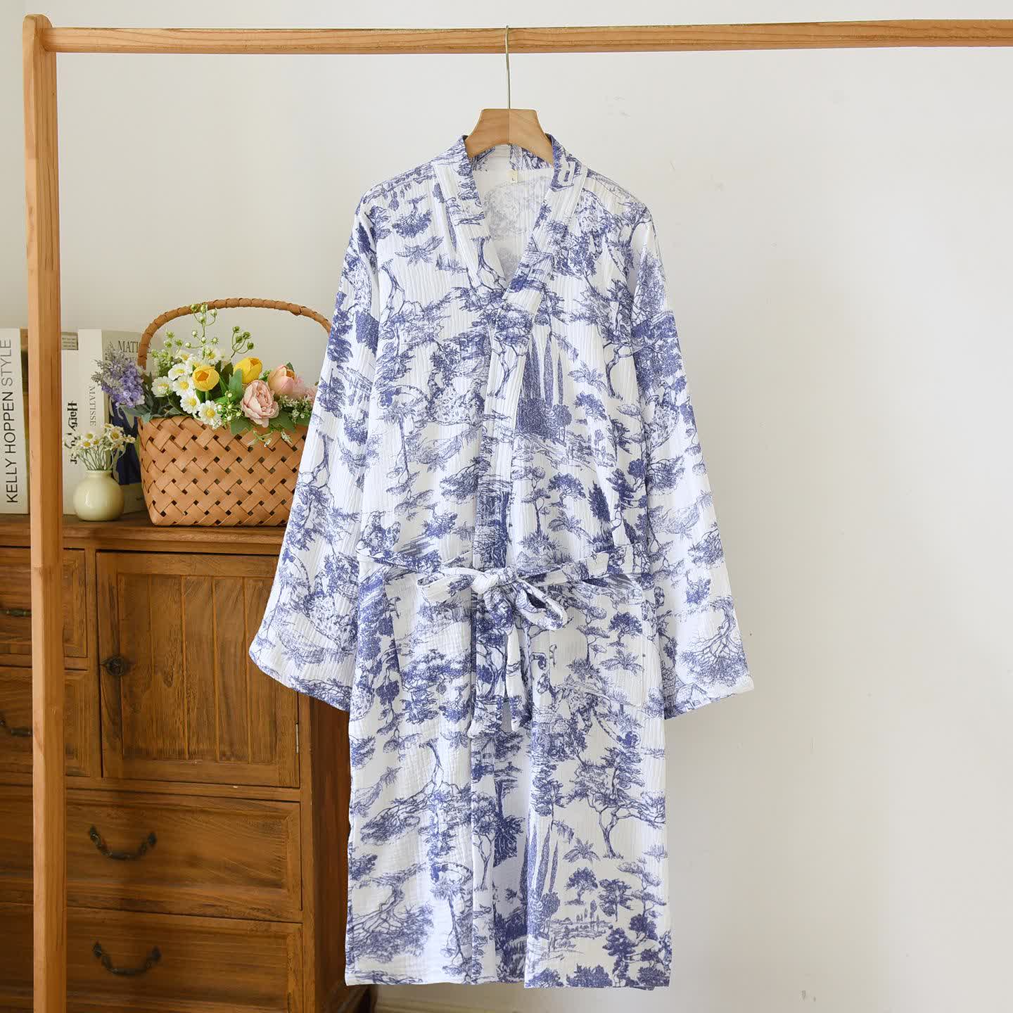 Toile Print Forest Cotton Kimono Robe - Blue - L - image 10