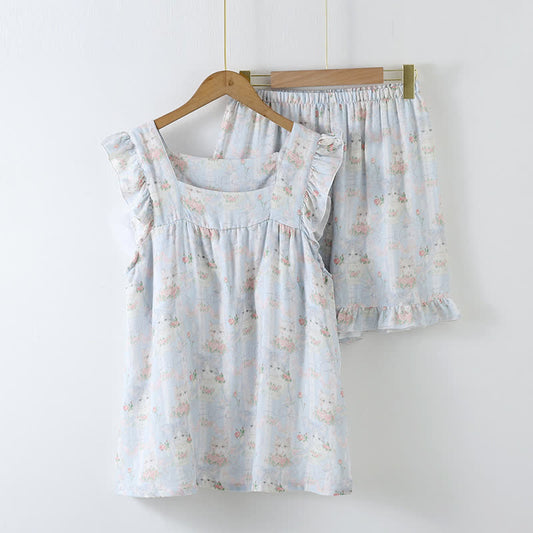 Cat Print Padded Ruffle Sleeveless Nightwear - Loungewear Set - XL - image 2