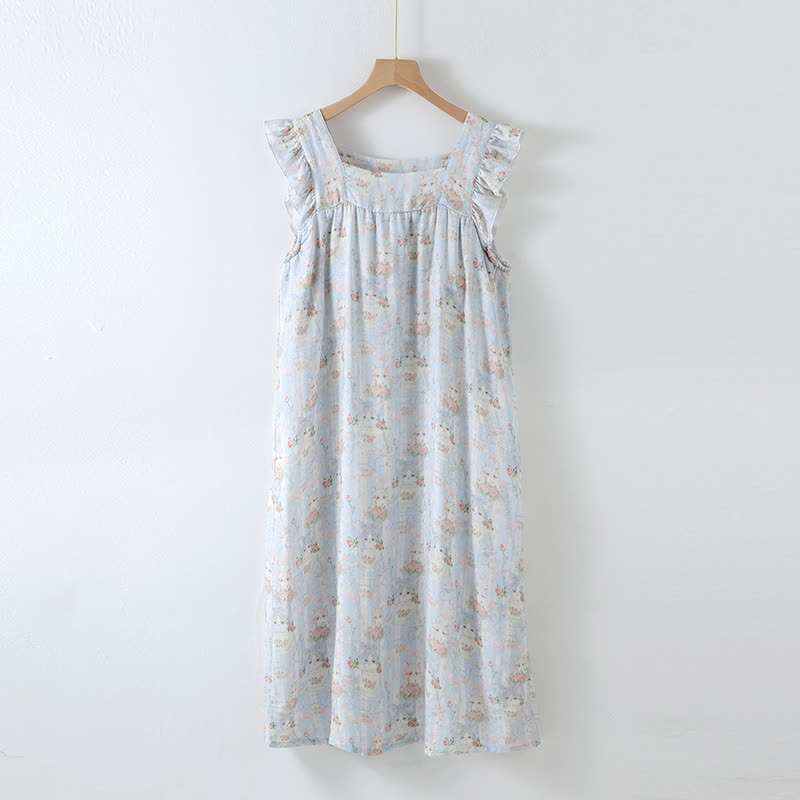Cat Print Padded Ruffle Sleeveless Nightwear - Nightdress - XL - image 3