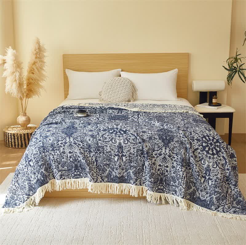 Retro Tribal Cotton Gauze Tassel Quilt - Dark Blue - Queen - image 4