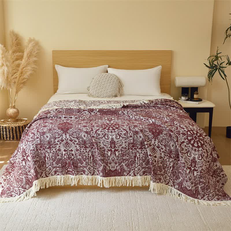 Retro Tribal Cotton Gauze Tassel Quilt - Dark Red - Queen - image 3