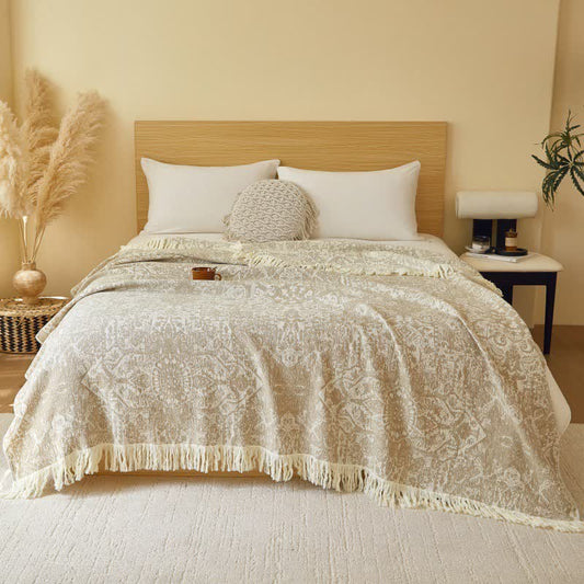 Retro Tribal Cotton Gauze Tassel Quilt - Beige - Queen - image 2