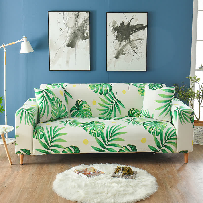 Tropical Leaf Print Stretch Sofa Slipcover - Pillowcases 18" x 18" - image 1