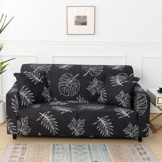 Black Monstera Print Stretch Sofa Slipcover - 4-Seater 92" - 118" - image 1