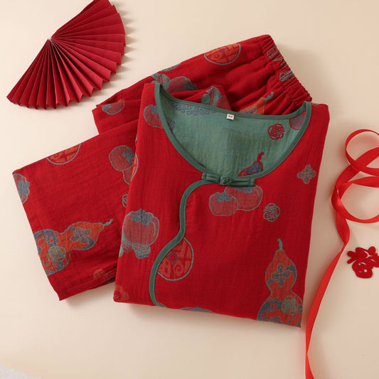 Oriental Style Gourd Persimmon Cotton Sleepwear - image 2