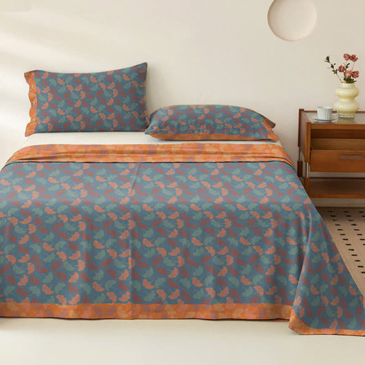 Ginkgo Leaf Cotton Gauze Bedspread - Blue & Orange - 2PCS Pillowcases - 40" x 20" - image 1