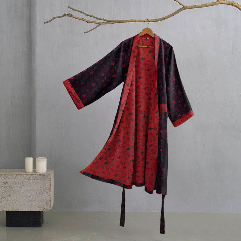 Two-Tone Ginkgo Cotton Gauze Kimono Robe - Black & Red - XL - image 3