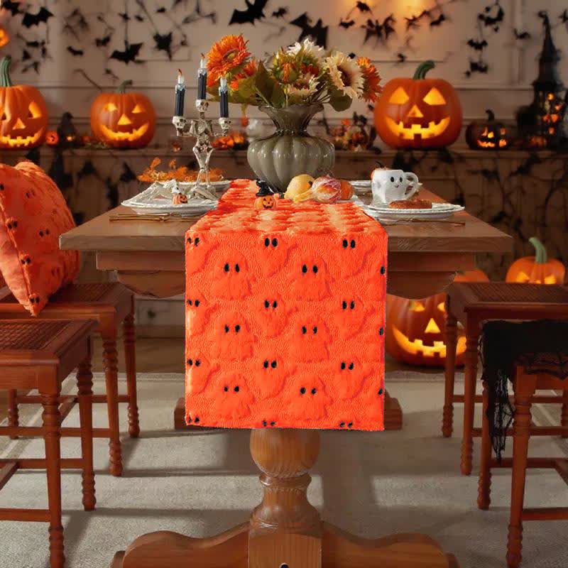 Halloween Plush Ghost Embroidered Table Runner - Orange - 14" x 130" - image 15
