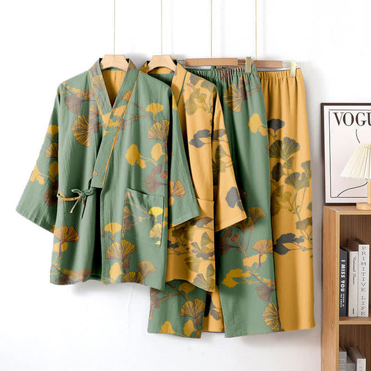 Large Ginkgo Leaf Cotton Kimono Pajamas - image 1
