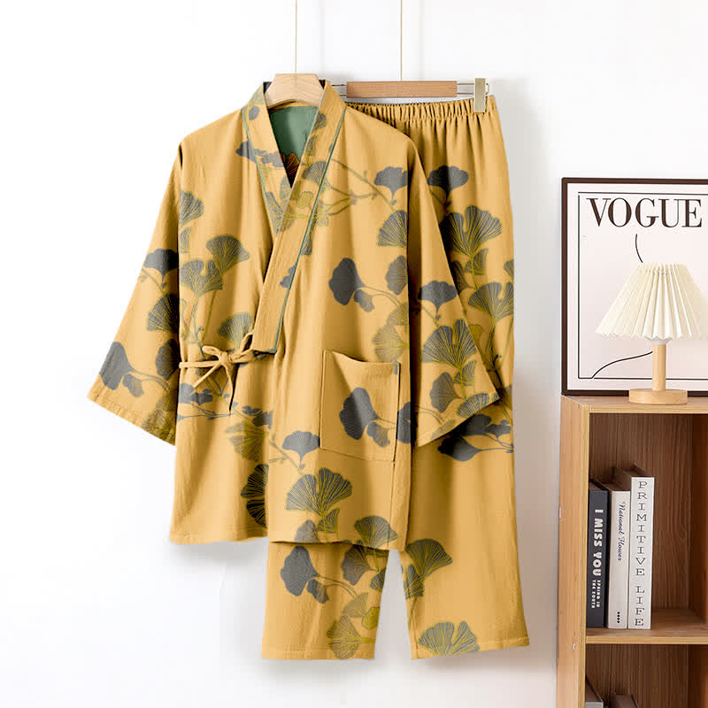 Large Ginkgo Leaf Cotton Kimono Pajamas - Yellow - XL - image 6