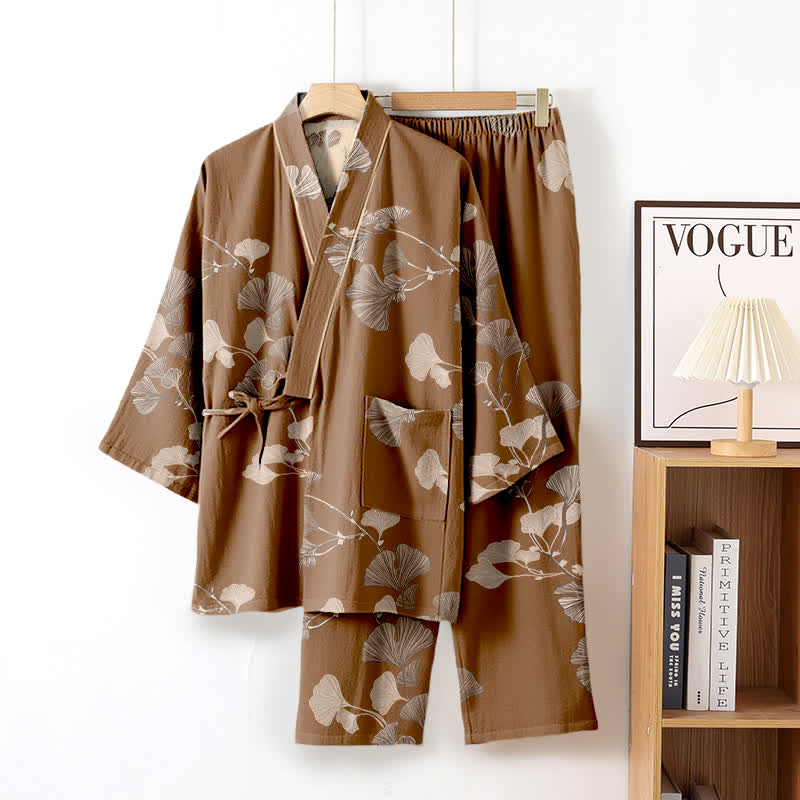 Large Ginkgo Leaf Cotton Kimono Pajamas - Brown - XL - image 20