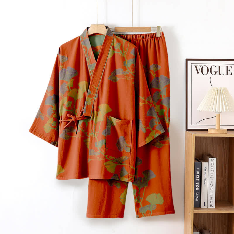 Large Ginkgo Leaf Cotton Kimono Pajamas - Orange - XL - image 10