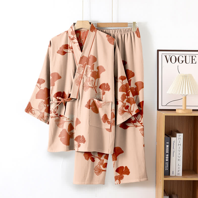 Large Ginkgo Leaf Cotton Kimono Pajamas - Beige & Pink - XL - image 12