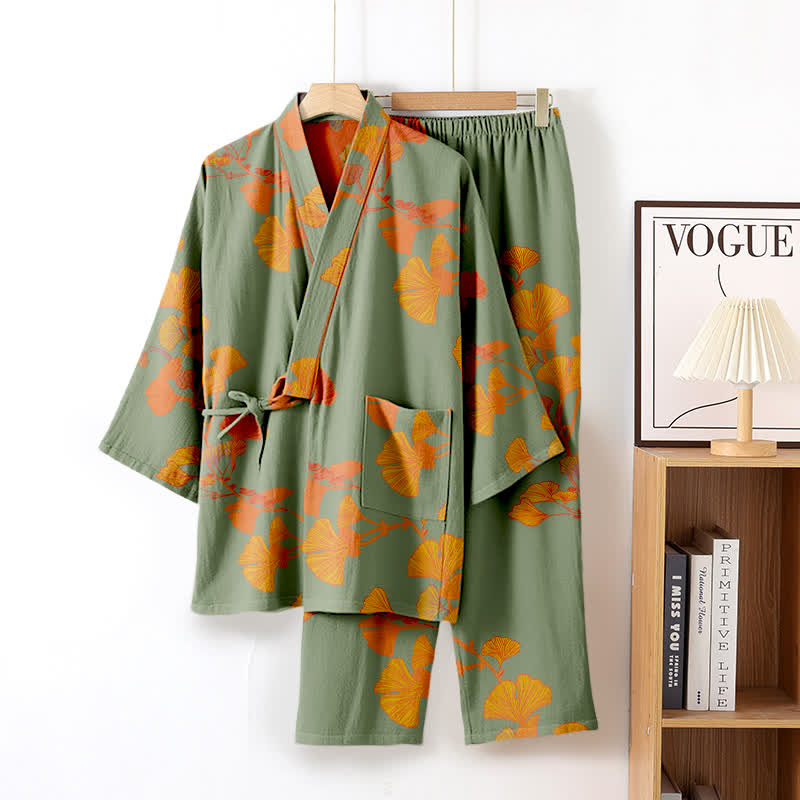 Large Ginkgo Leaf Cotton Kimono Pajamas - Green & Orange - XL - image 7