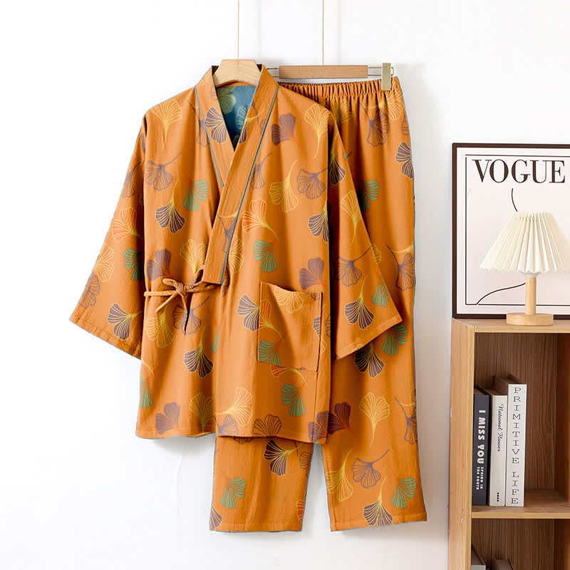 Ginkgo Cotton Gauze Kimono Loungewear Set - Orange - XL - image 9