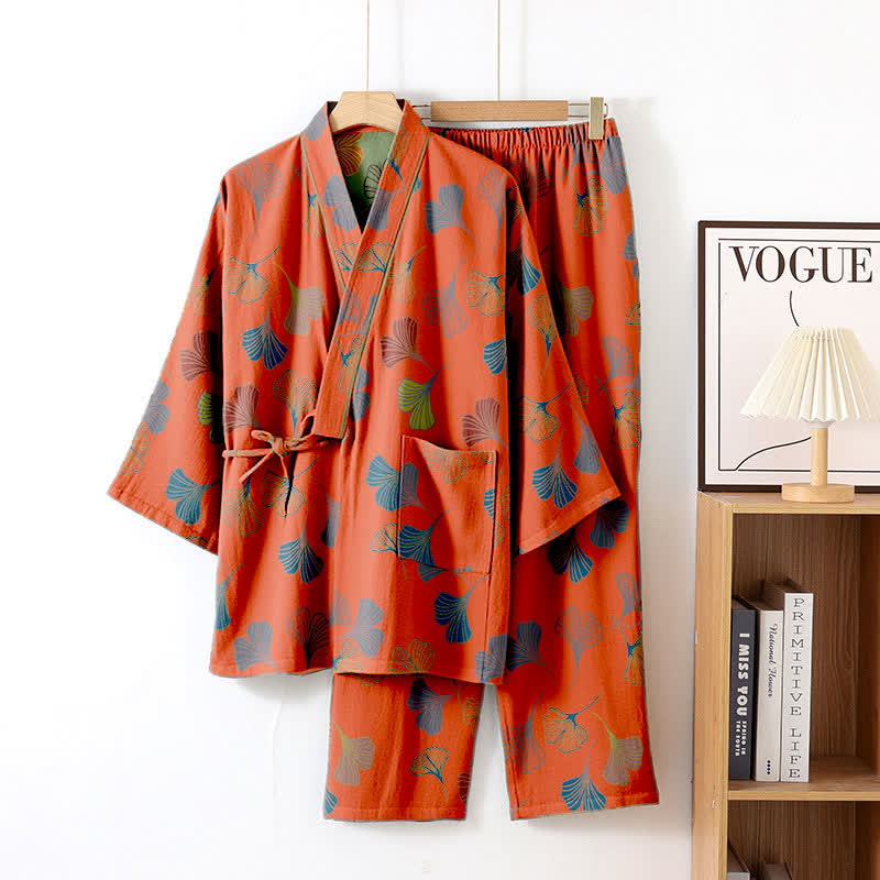 Ginkgo Cotton Gauze Kimono Loungewear Set - Orange Red - XL - image 15