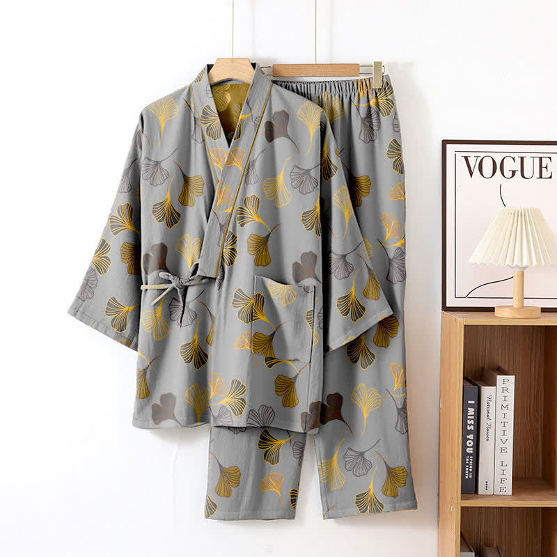 Ginkgo Cotton Gauze Kimono Loungewear Set - Light Gray - XL - image 24