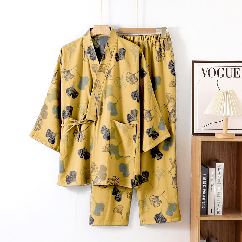 Ginkgo Cotton Gauze Kimono Loungewear Set - Light Yellow - XL - image 18