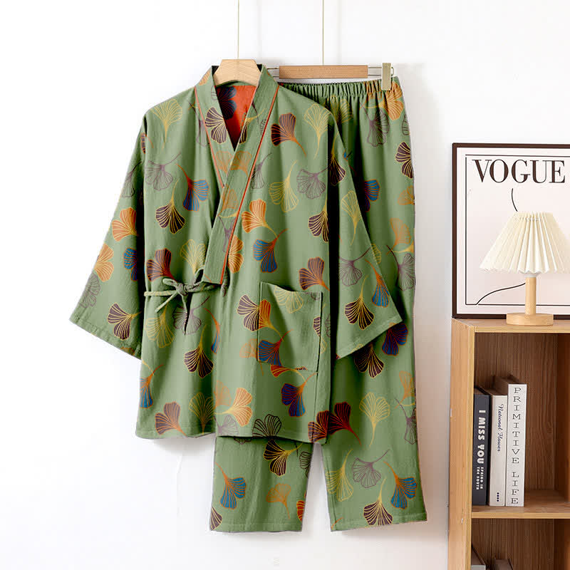 Ginkgo Cotton Gauze Kimono Loungewear Set - Green - XL - image 12