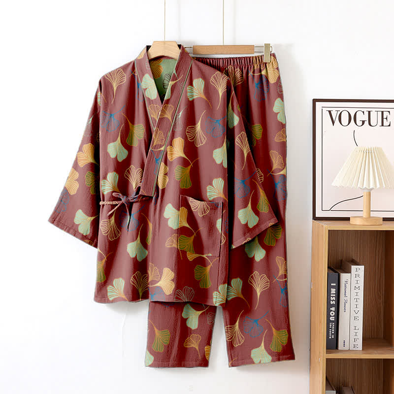 Ginkgo Cotton Gauze Kimono Loungewear Set - Wine - XL - image 30