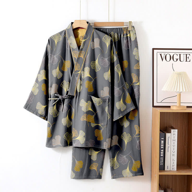 Ginkgo Cotton Gauze Kimono Loungewear Set - Dark Grey - XL - image 27
