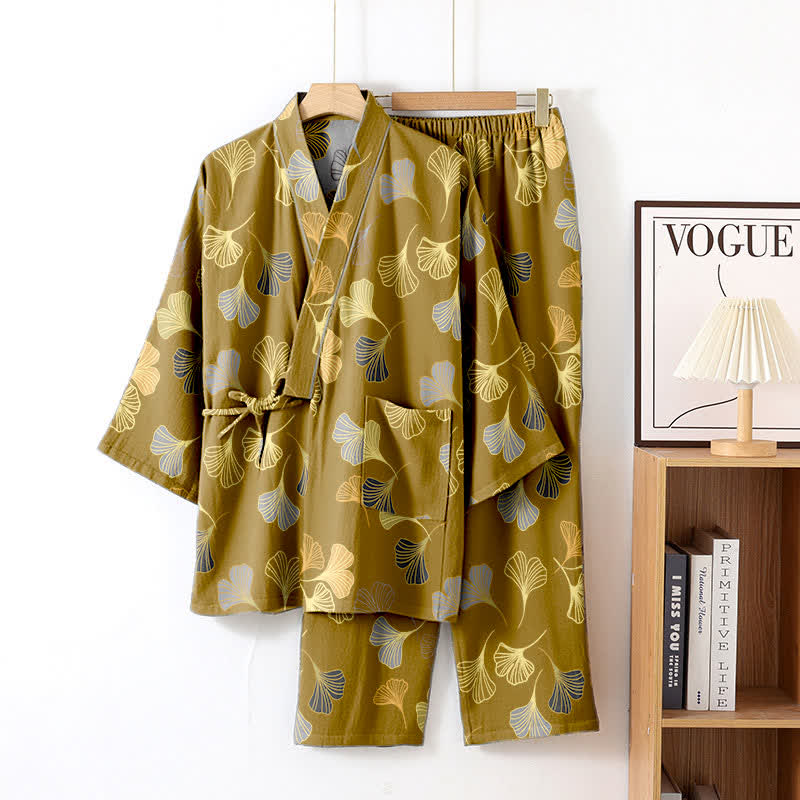 Ginkgo Cotton Gauze Kimono Loungewear Set - Dark Yellow - XL - image 21