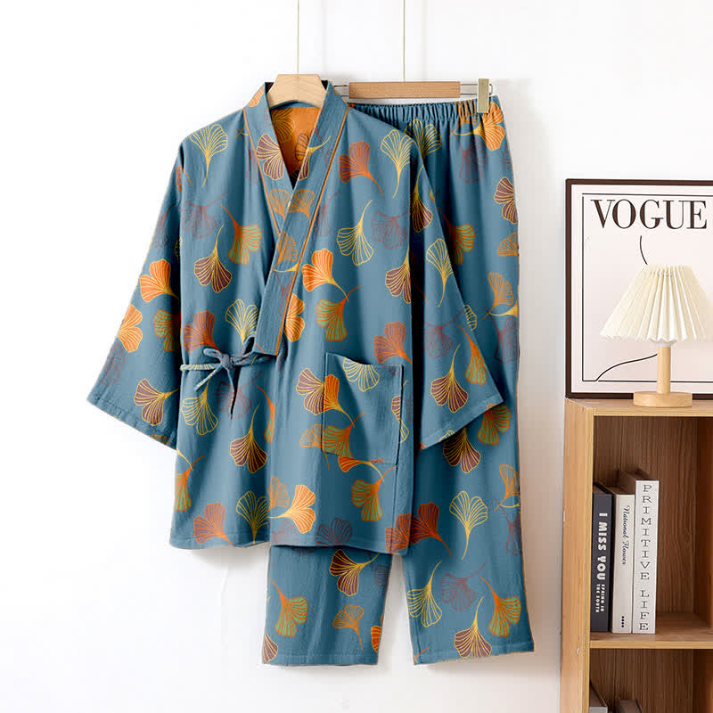 Ginkgo Cotton Gauze Kimono Loungewear Set - Blue - XL - image 6