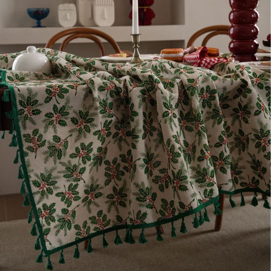 Christmas Holly Leaf Print Tablecloth - image 4