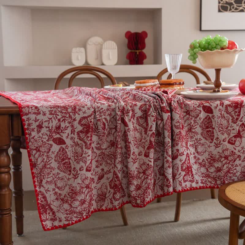 Red Butterfly Floral Jacquard Tablecloth - image 4