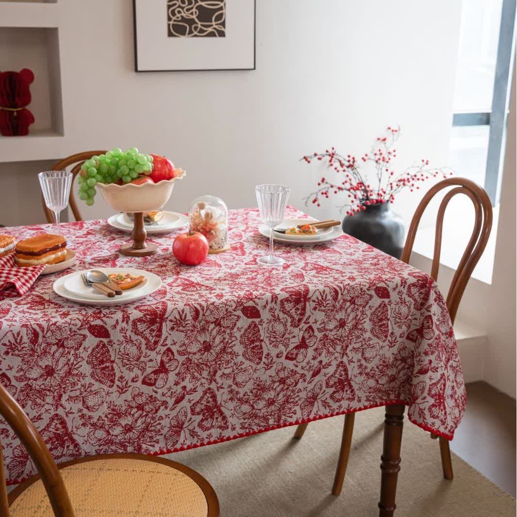 Red Butterfly Floral Jacquard Tablecloth - image 3