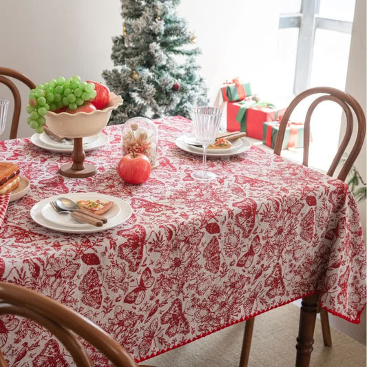 Red Butterfly Floral Jacquard Tablecloth - Round - 60" - image 1