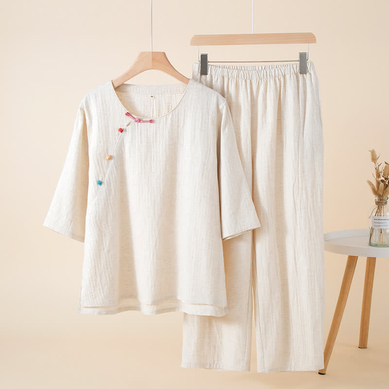 Oriental Style Buttoned Loungewear Set - Beige - XL - image 3