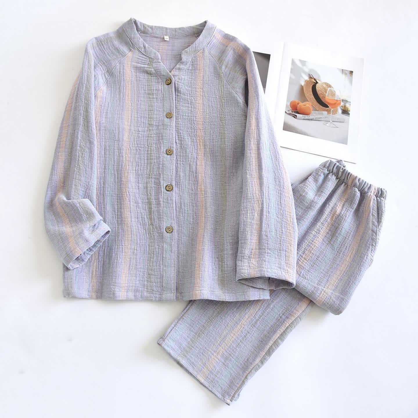 Striped Cotton Gauze Loungewear Set - Purple - XL - image 8