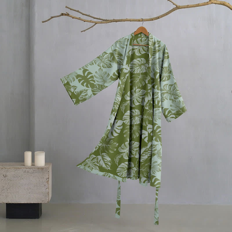 Monstera Print Cotton Gauze Kimono Robe - Light Green - XL - image 8