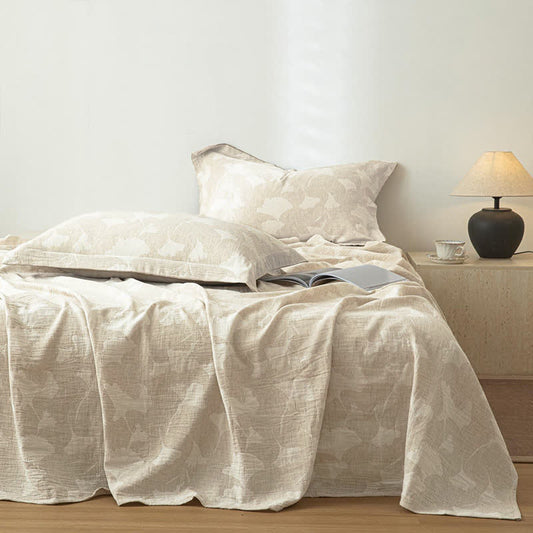 Ginkgo Leaf Textured Cotton Linen Bedspread - Bedspread with 2PCS Pillowcases - King - image 0