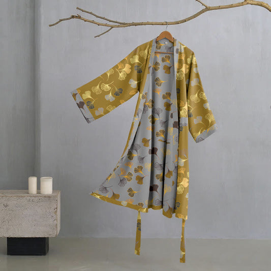Ginkgo Biloba Cotton Gauze Kimono Robe - Yellow - 2XL - image 0