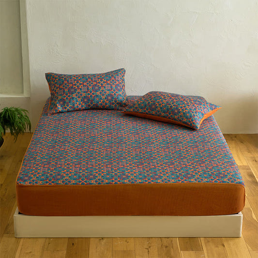Retro Geometric Pattern Cotton Fitted Sheet - Sheet with 2PCS Pillowcases - King - image 1