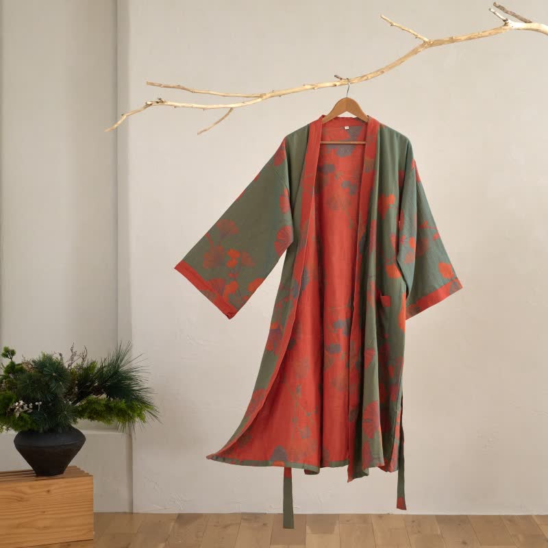 Large Ginkgo Leaf Cotton Kimono Robe - Green & Orange - XL - image 11
