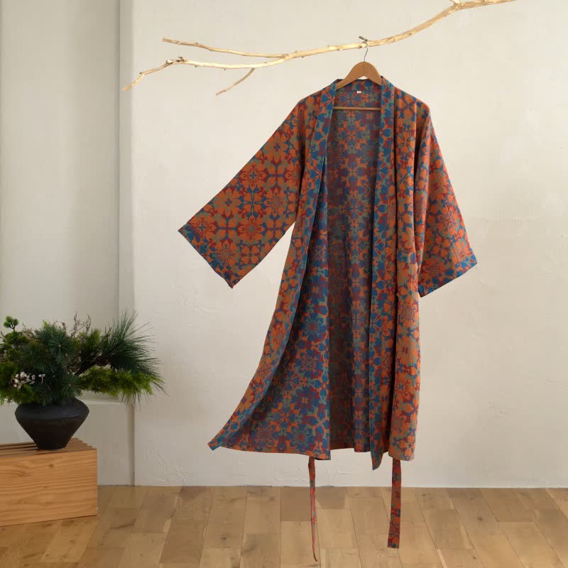 Retro Geometric Pattern Cotton Kimono Robe - Orange - XL - image 3