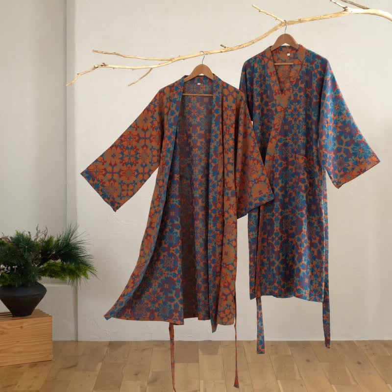 Retro Geometric Pattern Cotton Kimono Robe - image 2