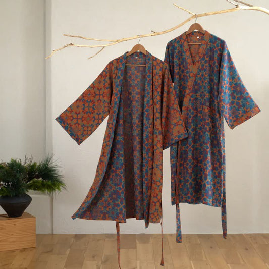 Retro Geometric Pattern Cotton Kimono Robe - image 1