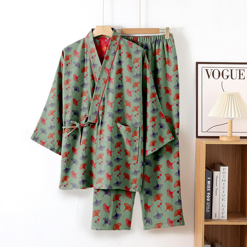 Ginkgo Organic Cotton Kimono Loungewear Set - Green & Red - XL - image 20