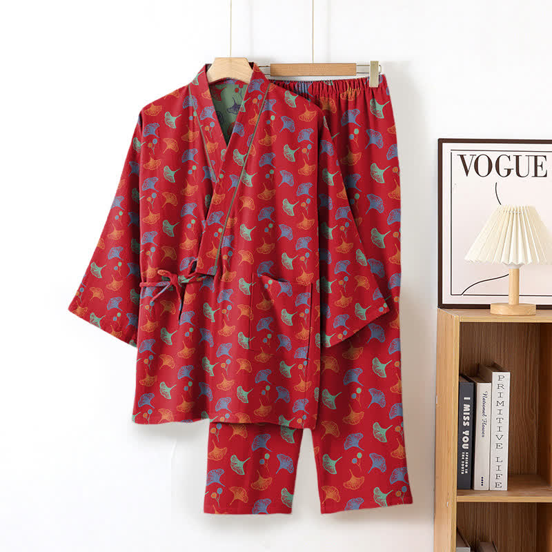Ginkgo Organic Cotton Kimono Loungewear Set - Red & Green - XL - image 17