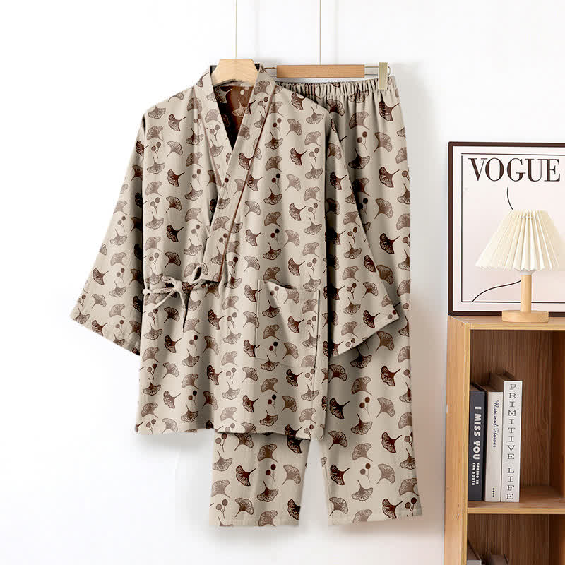 Ginkgo Organic Cotton Kimono Loungewear Set - Coffee - XL - image 23